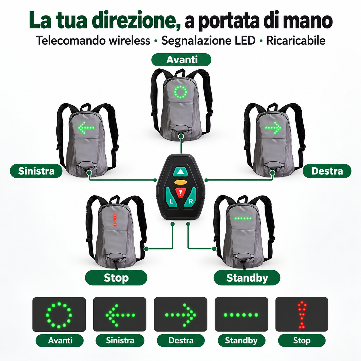 Telecomando e cinque segnali LED